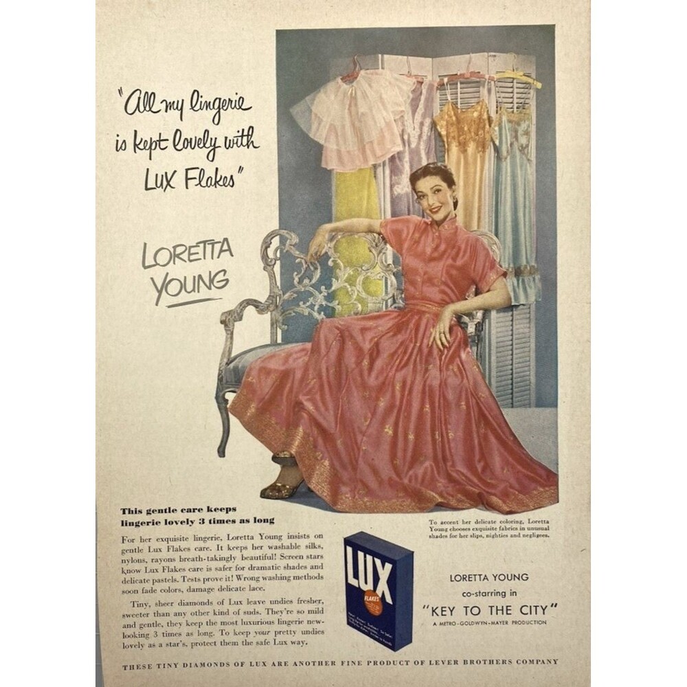 LUX Flakes Loretta Young: Keeps My Lingerie Lovely "Key to the City" MGM Ad 1950